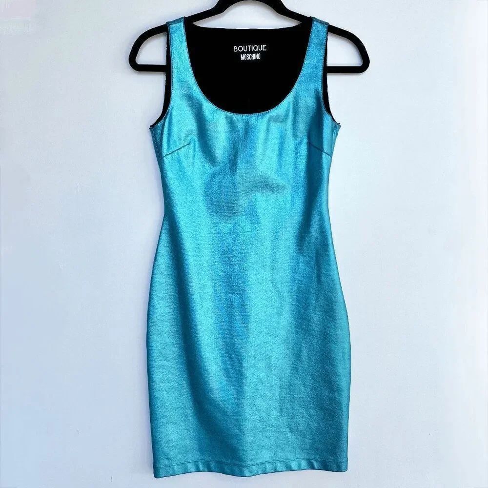 Authentic Boutique Moschino Blue Metallic Foil Bodycon Stretch Dress - SZ 6